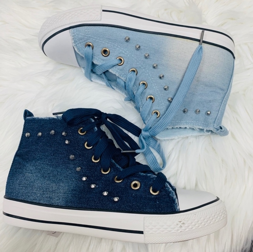 Denim studded high top sneaker